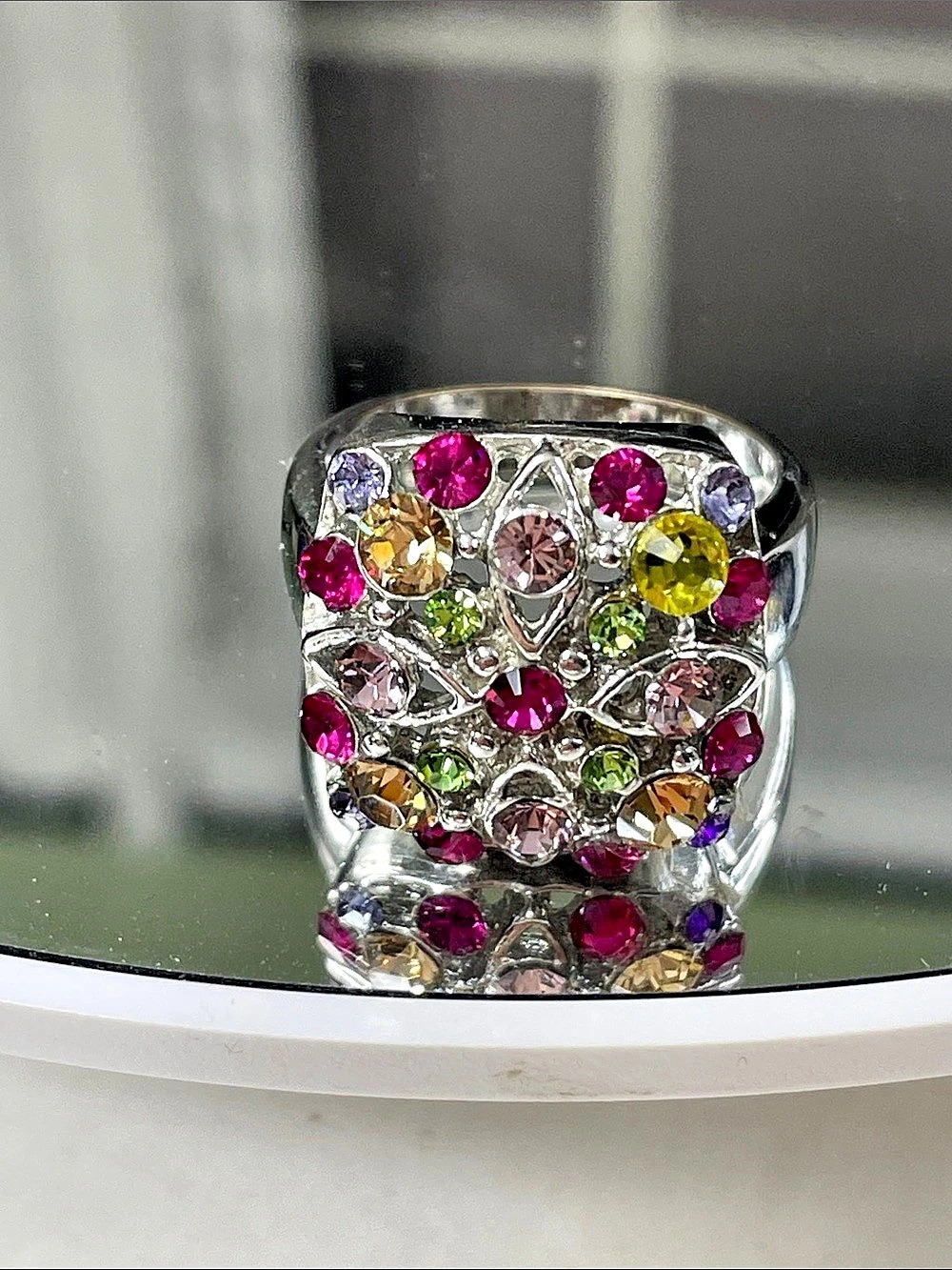 Multicolor Statement Ring Set in Square Floral Design in Silver tone Size 8